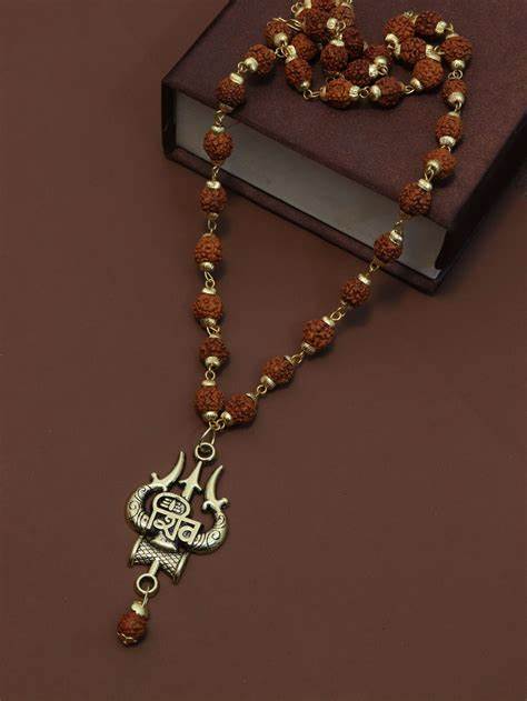 Gold Plated Rudraksha OM Shiva Trishool Necklace