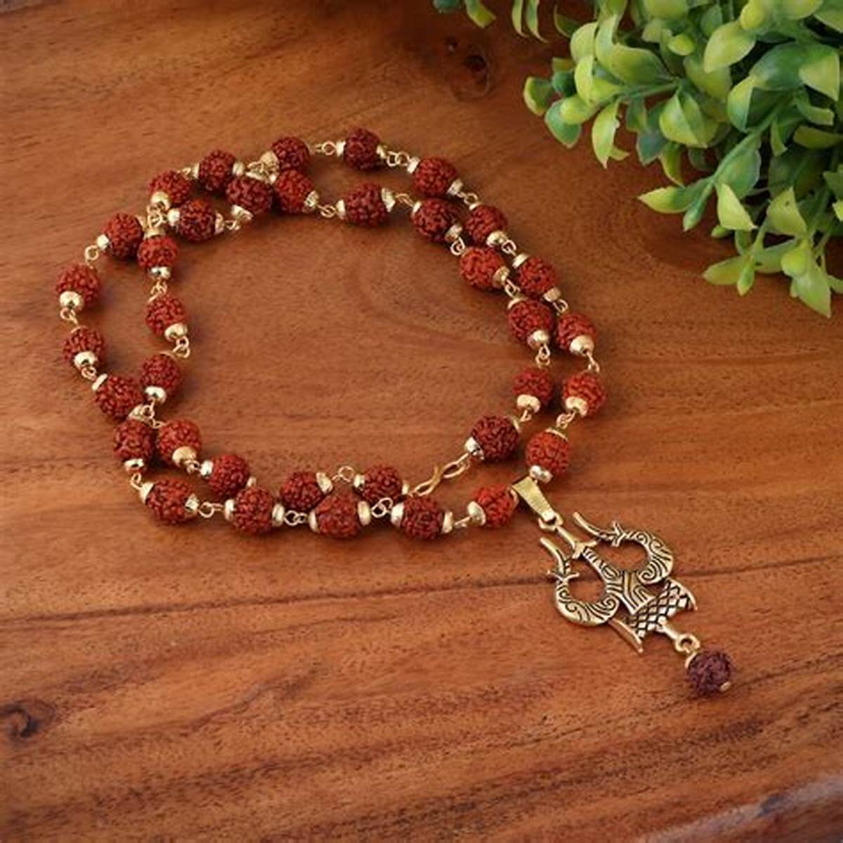 Gold Plated Rudraksha OM Shiva Trishool Necklace